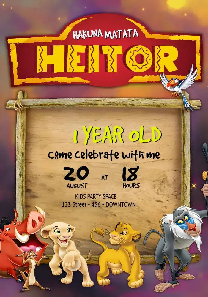 Invitation The Green Lion King – Kids' Birthday Party theme jungle, colorful, fun, animals, tropical