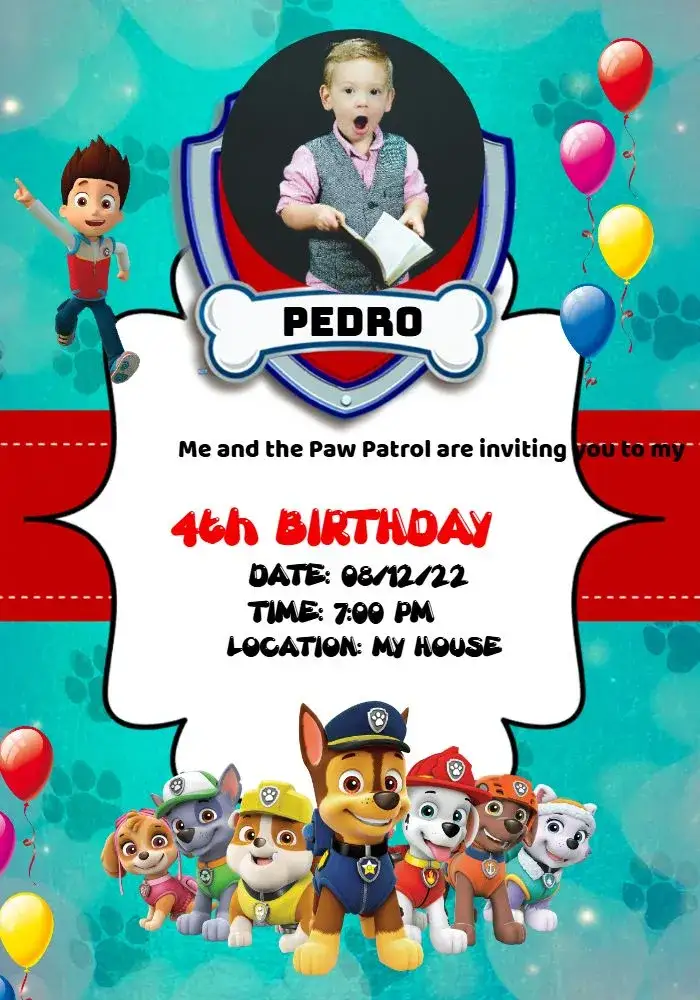 Invitation Red Paw Patrol With Photo Invitation – Kids' Birthday Party theme vibrant red, children's theme, modern design, fun graphic elements, colorful style, Paw Patrol characters