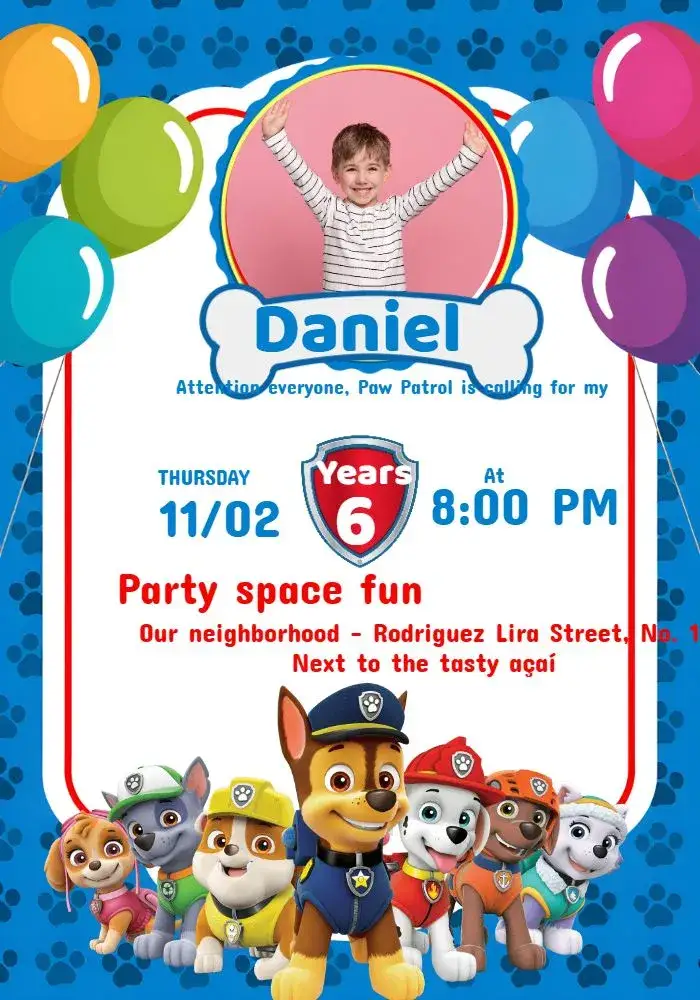Invitation Blue Paw Patrol Photo Invitation – Kids' Birthday Party theme blue, white, red, themed, fun, childish