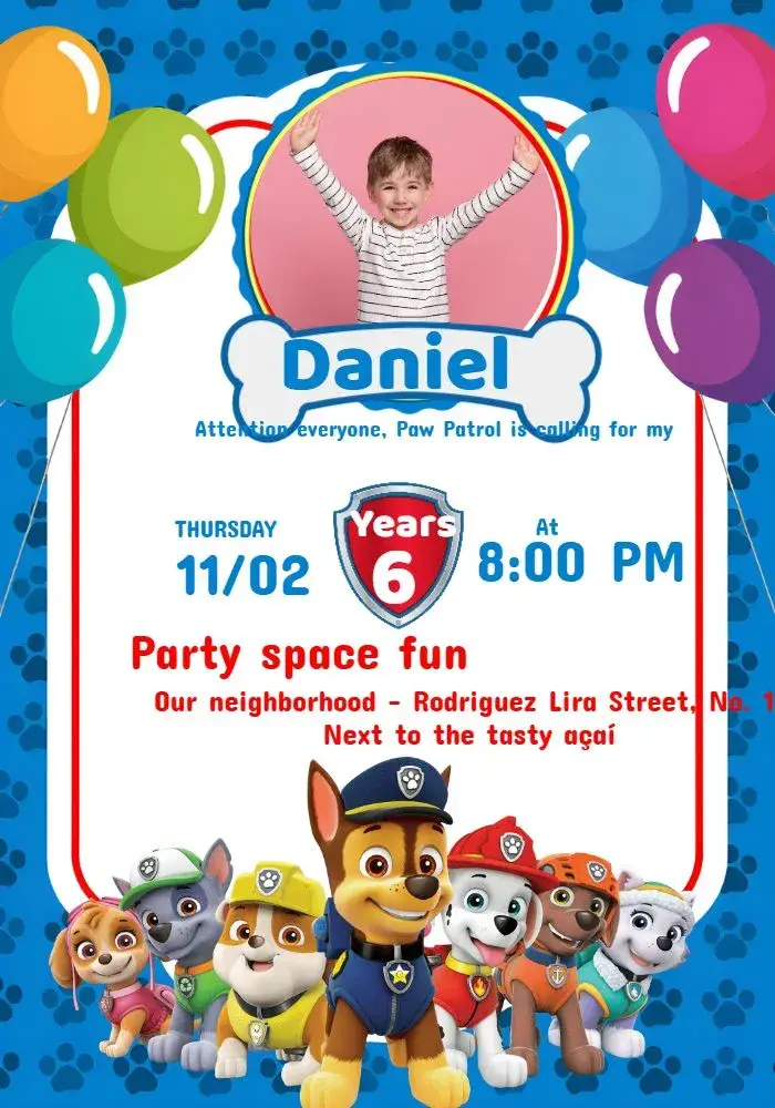 Blue Paw Patrol Photo Invitation