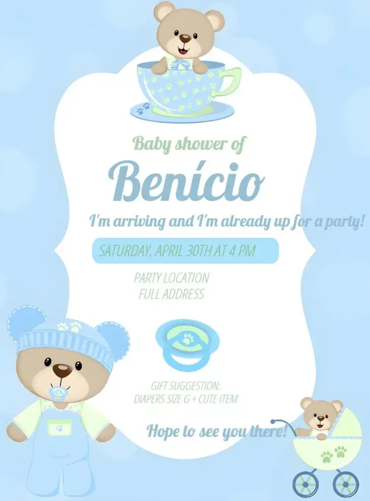 Invitation Blue Teddy Bear Baby Shower – Diaper Shower theme soft blue, pale green, cute teddy bears, childish illustrations, modern style, delicate details