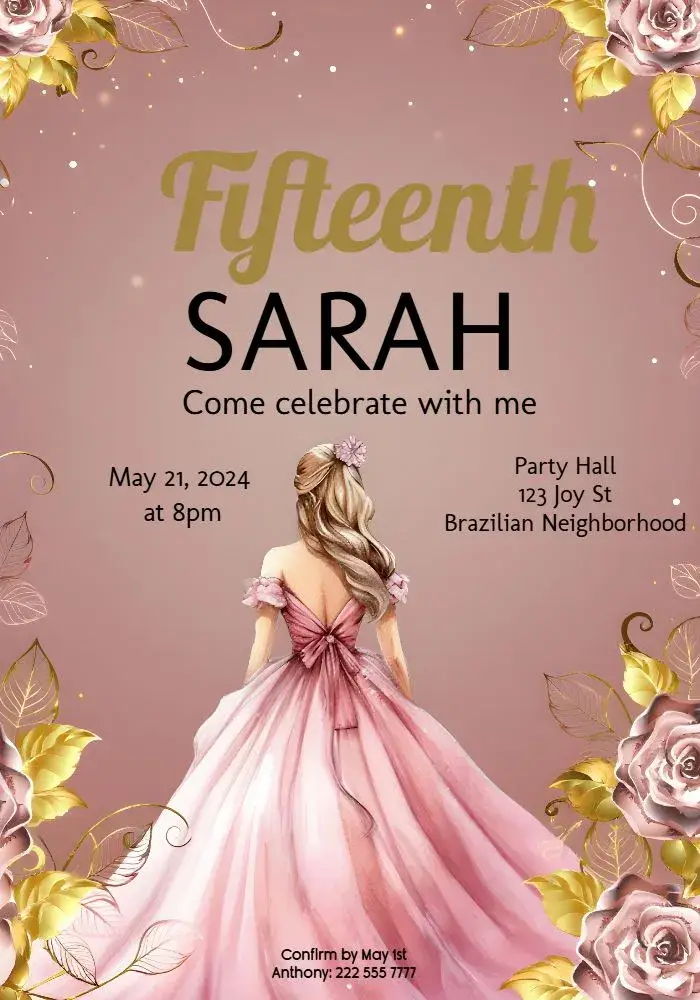 Invite Rosas Gold Fifteen 15th Birthday editable and customizable