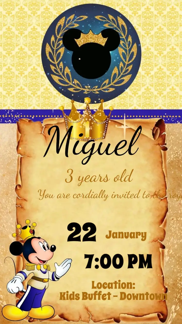 Invitation Mickey Royalty – Kids' Birthday Party theme colorful, fun, magical, childlike, themed