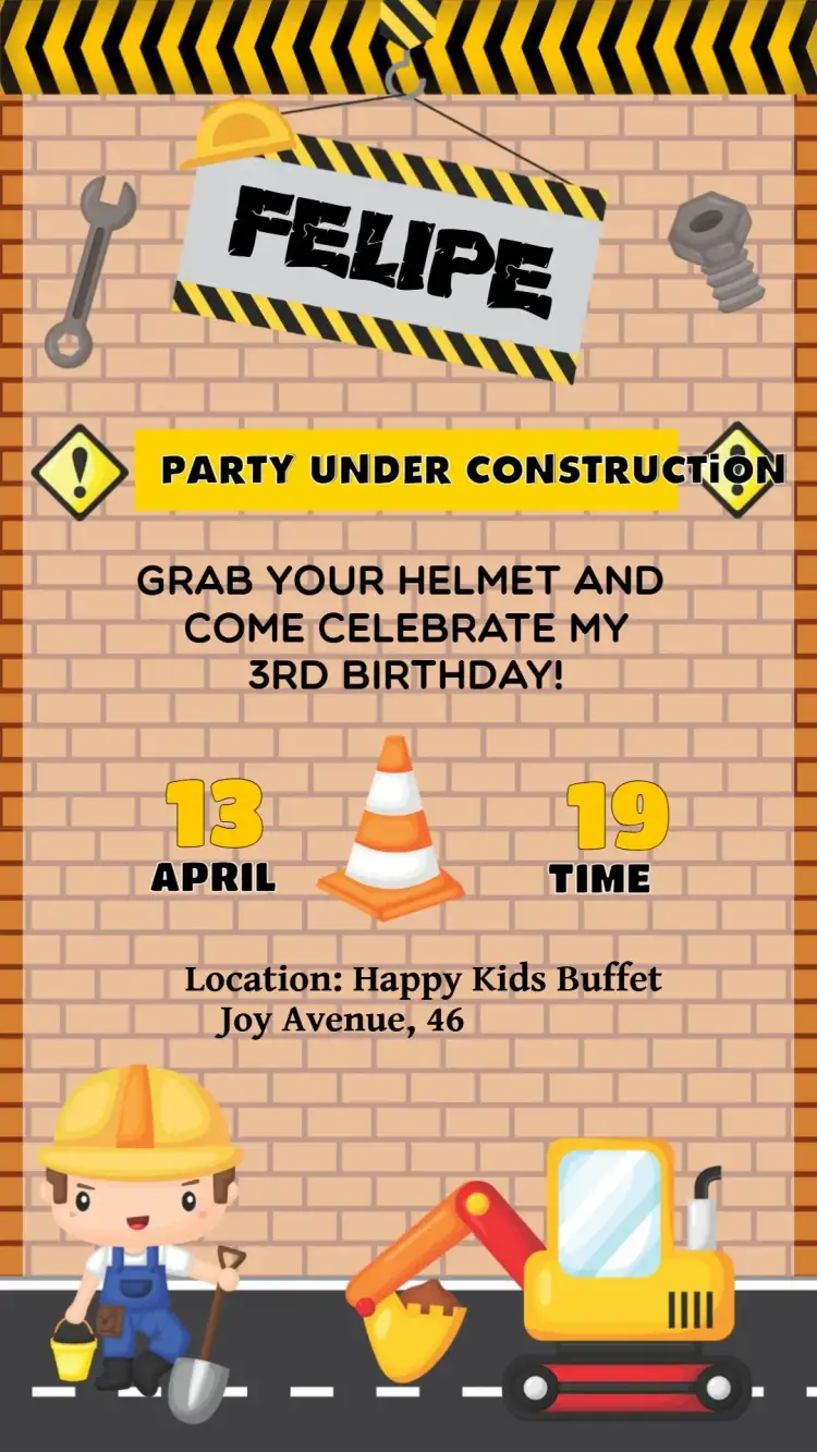 Invitation Dump Truck Construction – Raffle Tea theme vibrant colors, construction elements, childlike style, playful graphics, fun design
