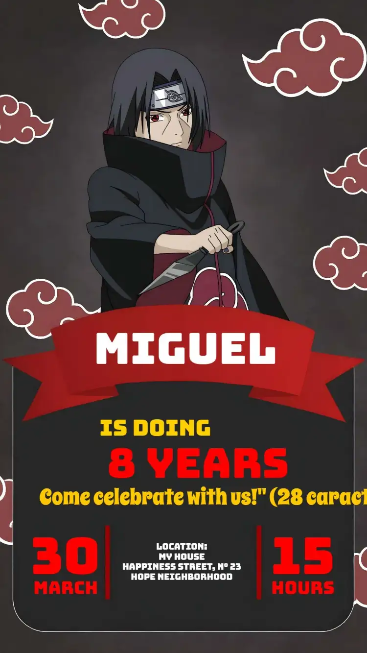 Invitation Itachi Black Naruto – Kids' Birthday Party theme black, red, anime, modern, themed, fun