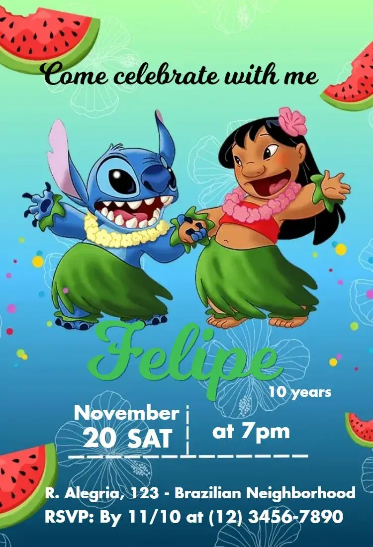Invitation Lilo and Stitch Tropical – Kids' Birthday Party theme tropical, colorful, fun, navy, Disney, Hawaiian