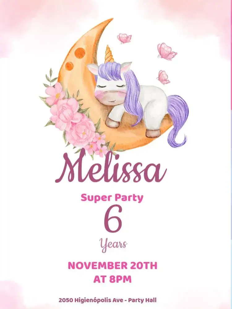 Invitation Sleeping Unicorn Girl Pink – Kids' Birthday Party theme pastel colors, costume, playful illustrations, modern style, cloud graphic elements, touches of sparkle