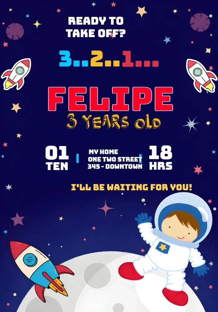 Invitation Blue Astronaut – Most searched for theme space-themed, blue, fun illustrations, futuristic, colorful, childish
