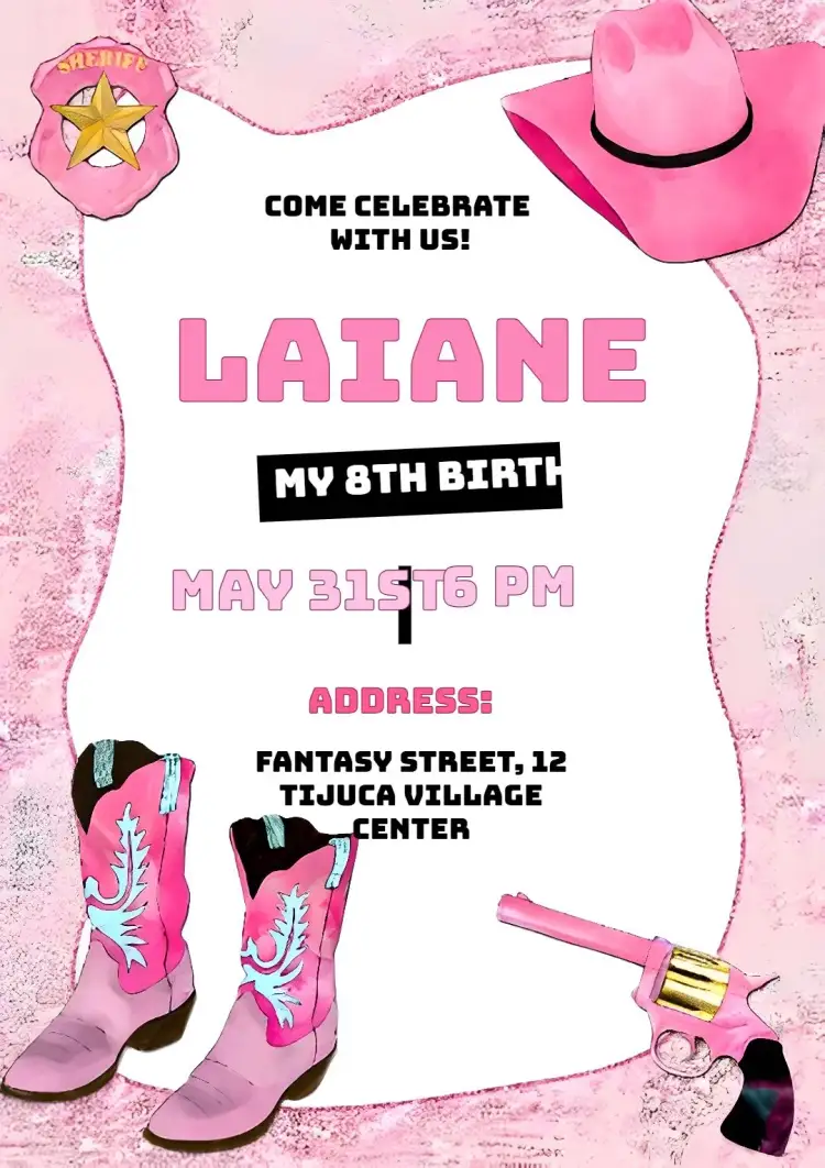 Invitation Ana Castela Cowgirl Pink – Kids' Birthday Party theme soft pink, cowgirl, childish, festive, colorful, fun