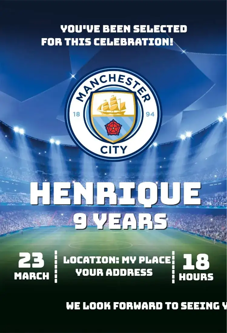 Invitation Manchester City 1 – Birthday theme soccer, contemporary, vibrant, sporty, dynamic