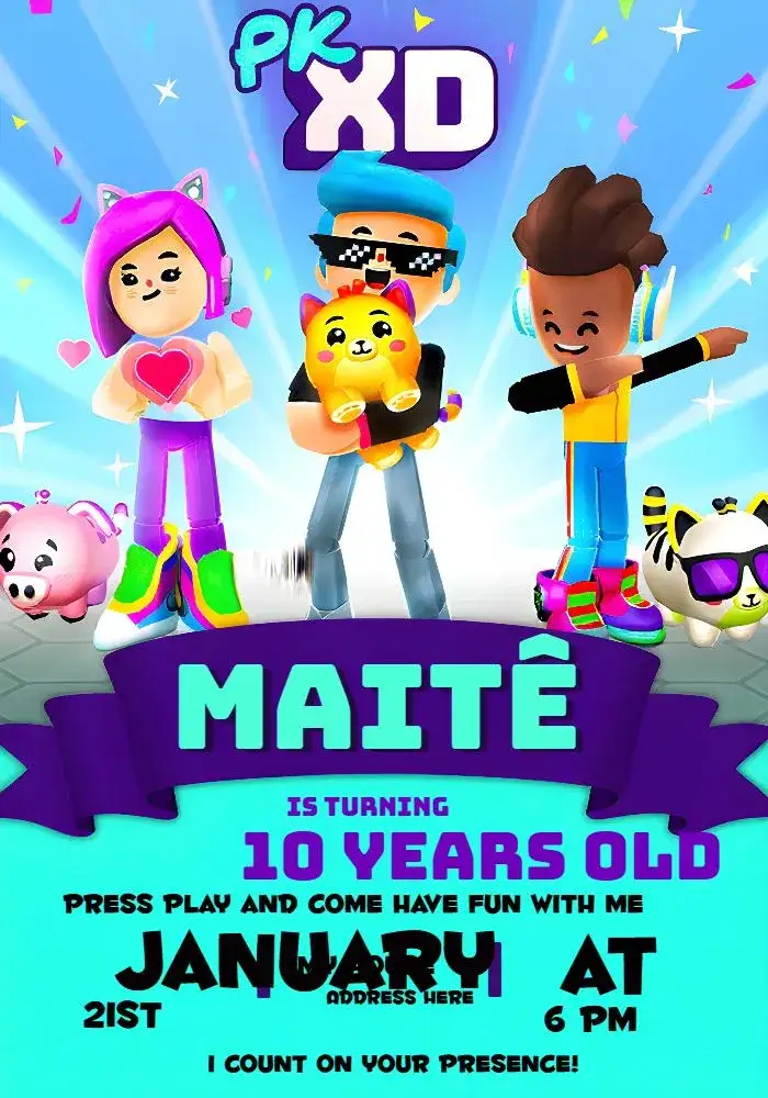 Invitation Pk Xd Girl – Most searched for theme vibrant colors, gamer style, graphic elements, fun theme, modern design