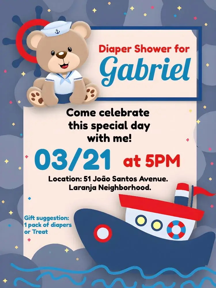 Diaper Shower Sailor Teddy Bear Boat invitation