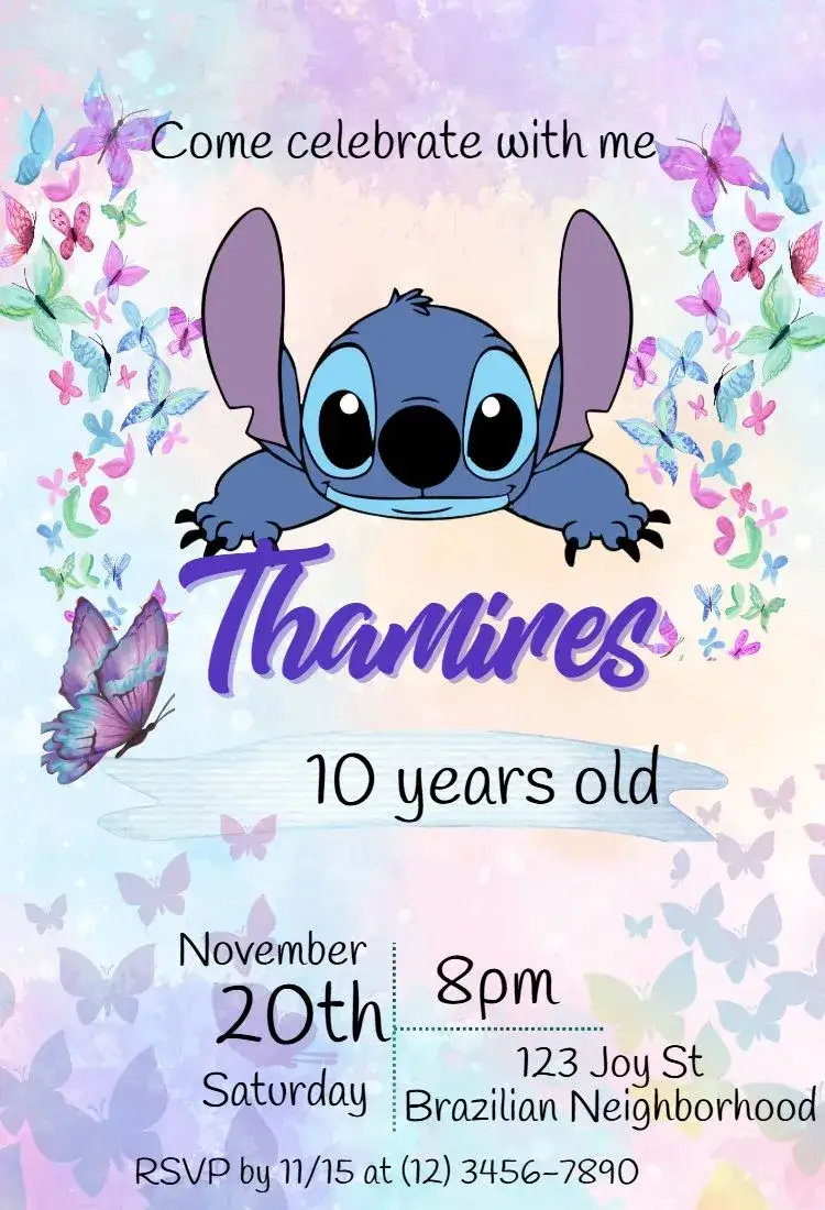 Invitation Stitch butterflies – Kids' Birthday Party theme purple, lilac, fun, childish, colorful, themed