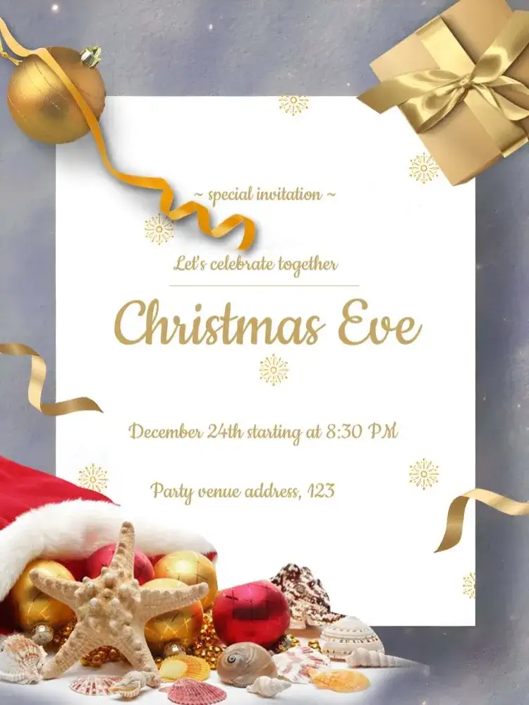 Invitation For Christmas Dinner Balls – Commemorative Dates theme golden, red, elegant, festive, modern