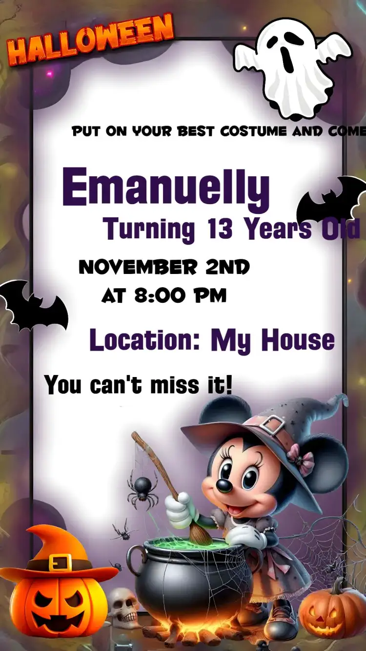 Invitation Minnie Mouse Halloween Day – Commemorative Dates theme vibrant colors, playful style, Disney graphic elements, Halloween theme, colorful design, Minnie Mouse inspired