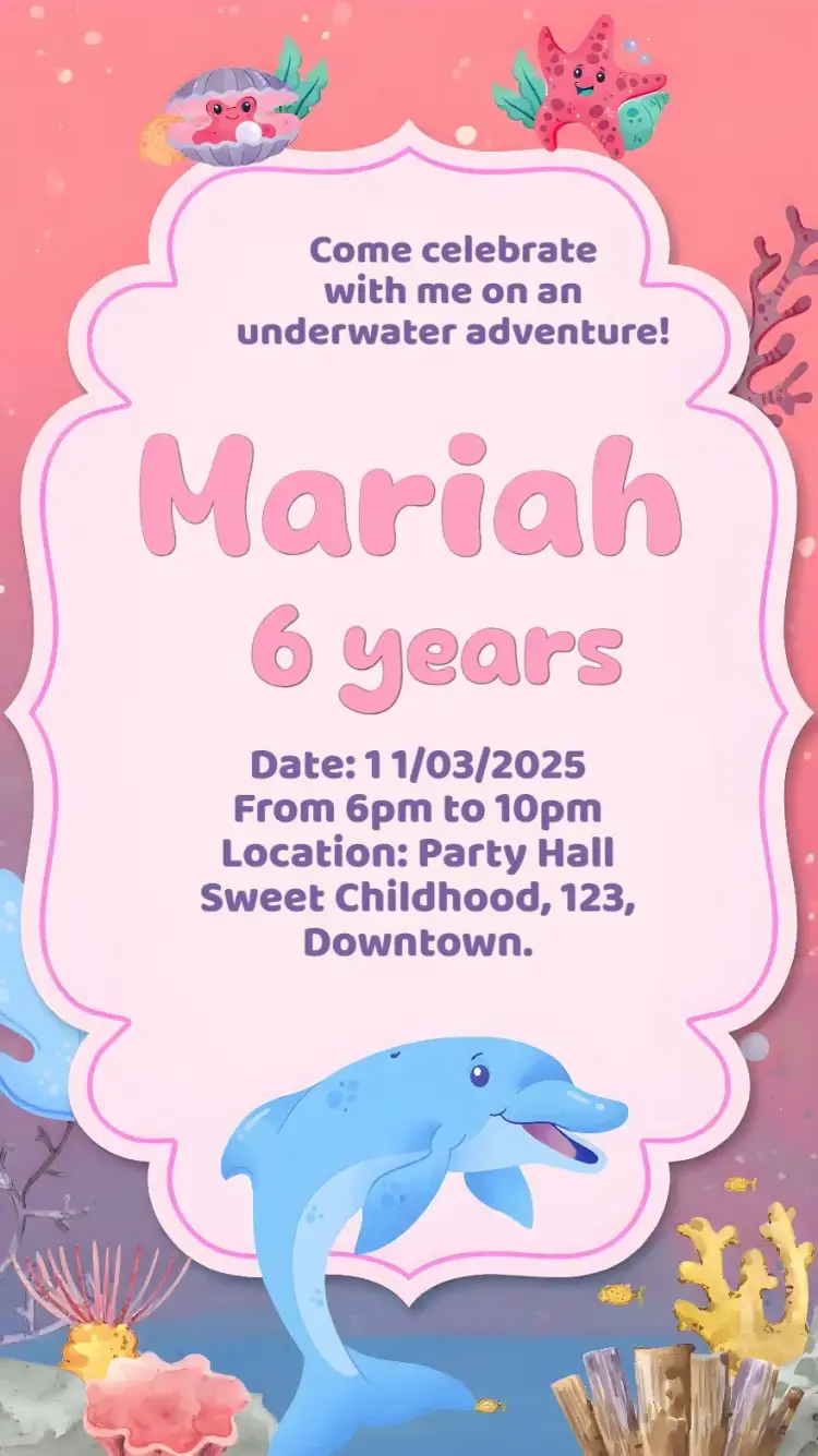 Invitation Dolphin Deep Sea Ocean – Kids' Birthday Party theme aquarela, underwater theme, soft colors, oceanic theme, playful illustrations