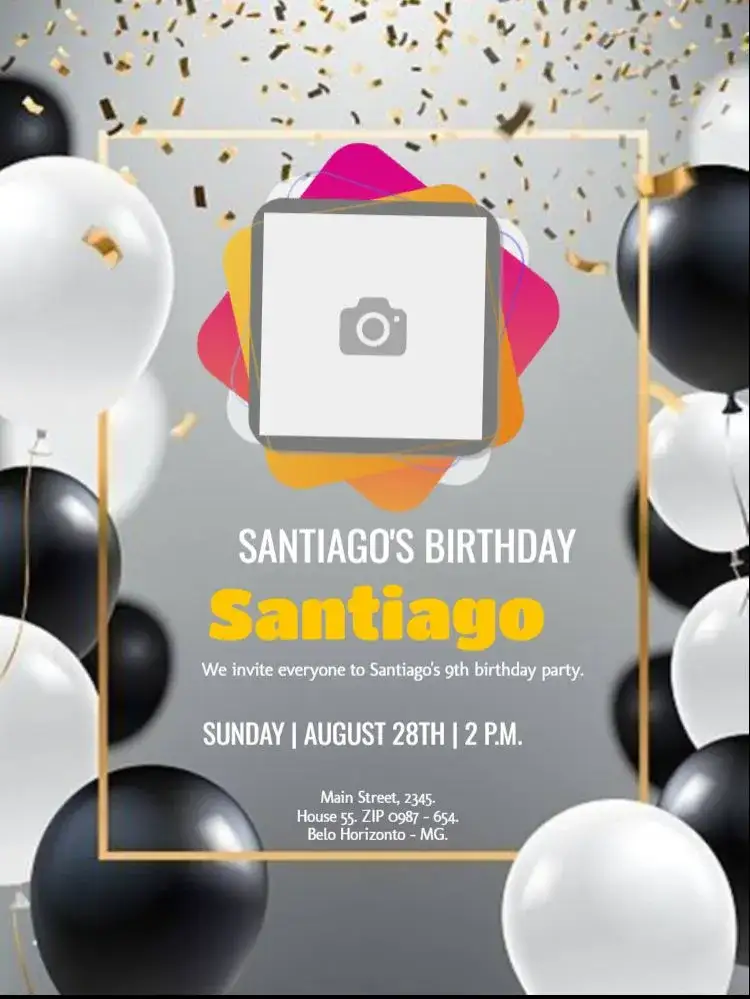 Invitation Balloon Party With Photo Stories – Kids' Birthday Party theme colorful, modern, balloons, purple, fun