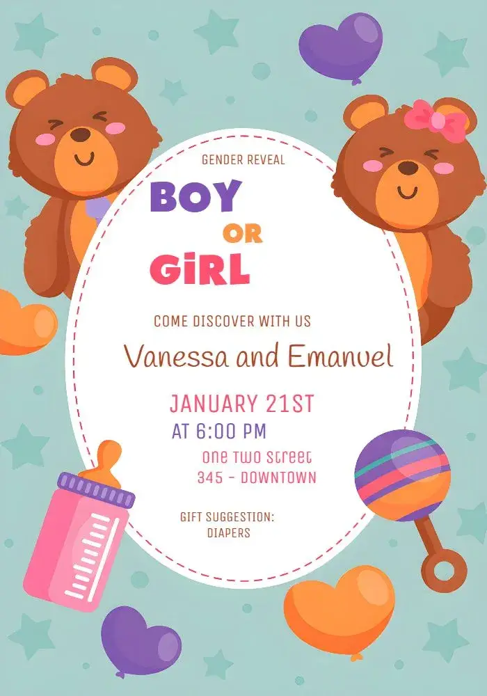 Teddy Bear Charm Gender Reveal invitation