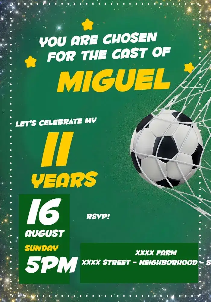 Invitation Yellow Soccer – Most searched for theme soccer, vibrant yellow, sporty graphic elements, cheerful style, youthful animation