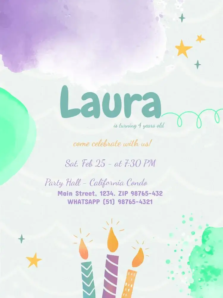 Invitation Colorful Watercolor Kids – Kids' Birthday Party theme watercolor, colorful, playful, childlike, fun, cheerful