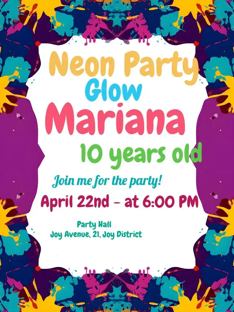 Invitation Neon Girl Party – Most searched for theme neon, colorful, vibrant, festive, modern, youthful