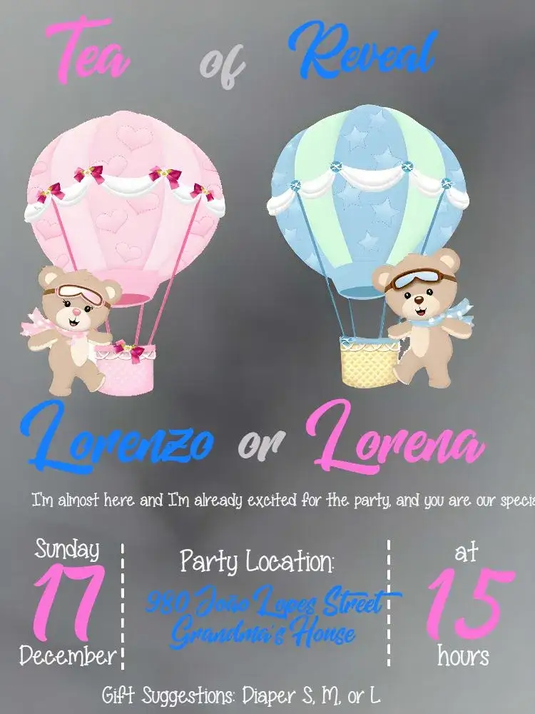 Invitation Teddy Bear and Teddy Bear Balloonist Pink Reveal Tea Party – Gender Reveal theme colorful, playful, childlike, modern, illustrative
