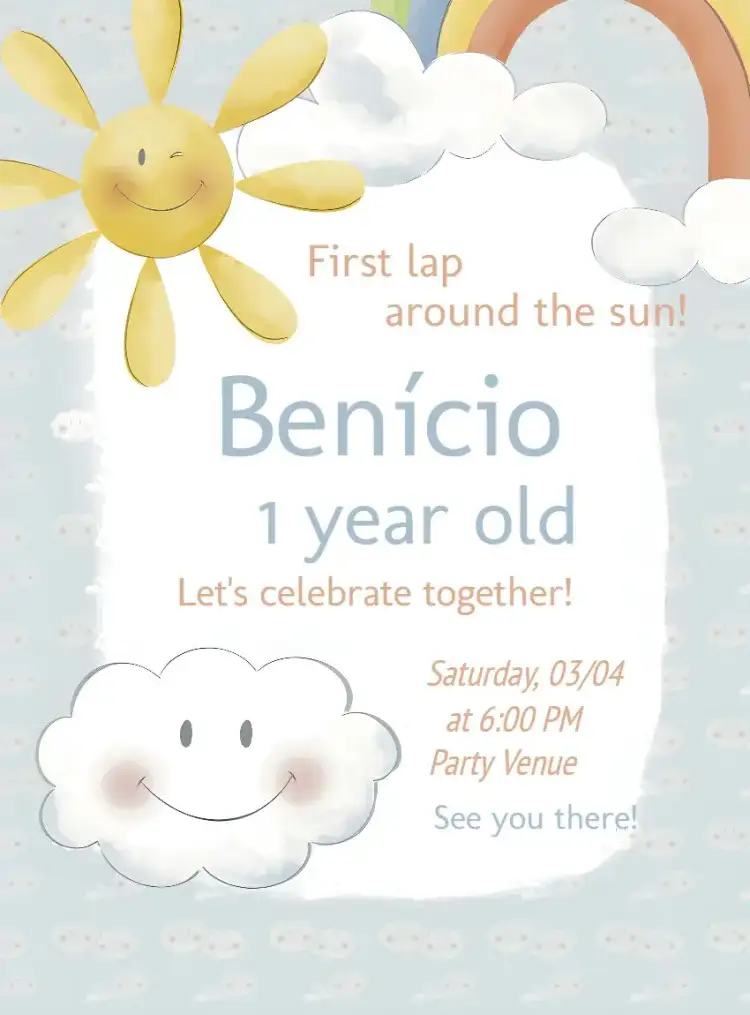 Invitation First Orbit Around the Sun Iris – First Communion theme rainbow-themed, clouds, colorful, childlike, cheerful, fun-filled