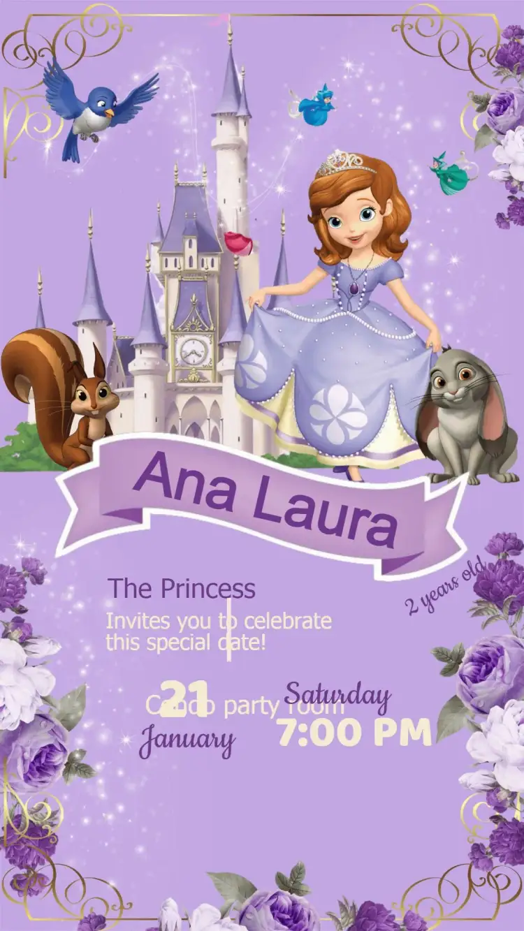 Invitation Princess Sofia Birthday Invitation – Kids' Birthday Party theme soft colors, playful style, childish graphic elements, colorful design, princess theme, fairy tale inspired