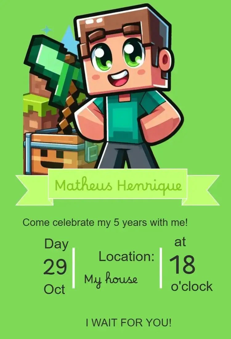 Invitation Children's Minecraft Birthday Invitation – Kids' Birthday Party theme pixelated, colorful, fun-filled, modern, games, adventure