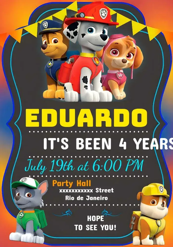 Invitation Paw Patrol Kids – Kids' Birthday Party theme colorful, fun, themed, childlike, animal illustrations