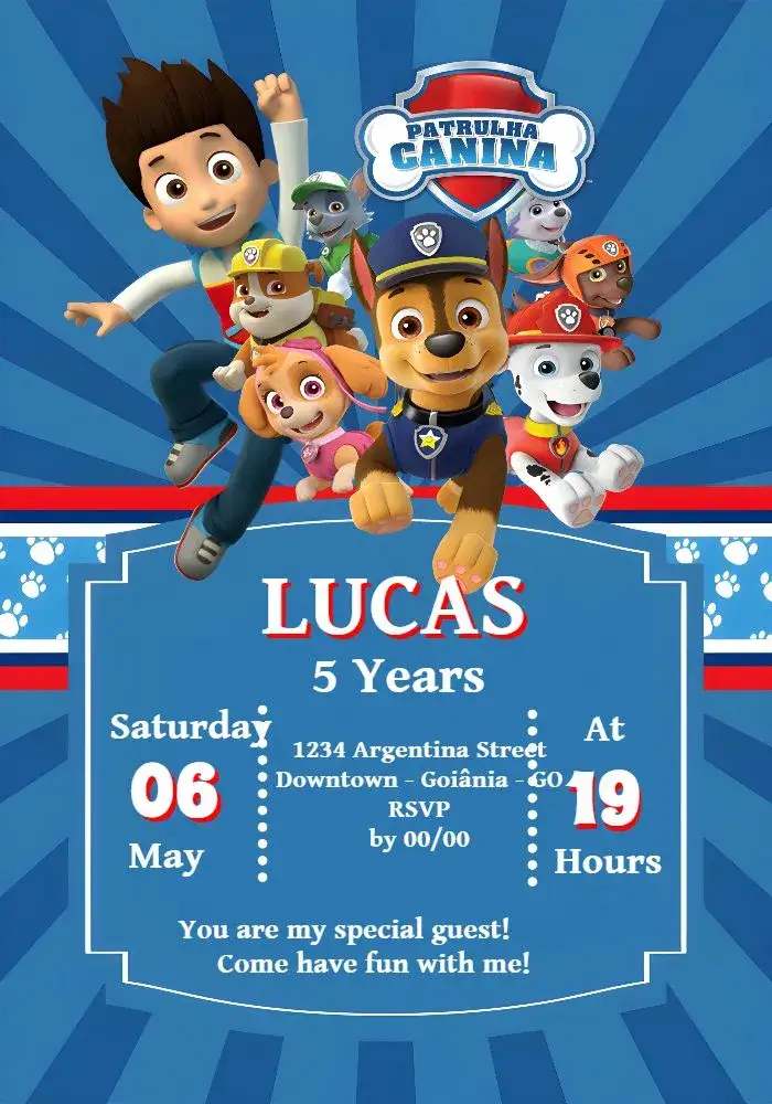 Invitation Paw Patrol Characters – Kids' Birthday Party theme colorful, fun, children's theme, animated characters, modern style