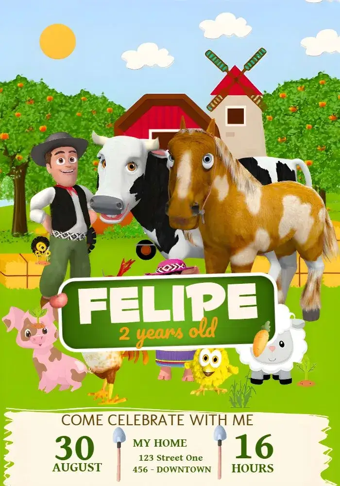Invitation The Colorful Zenon Farm – Most searched for theme colorful, farm, animals, fun, childish