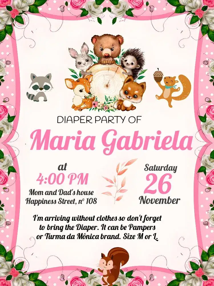 Invitation Enchanted Forest Animals Baby Shower – Diaper Shower theme watercolor, woodland animals, pastel shades, light design, childlike style, magical party