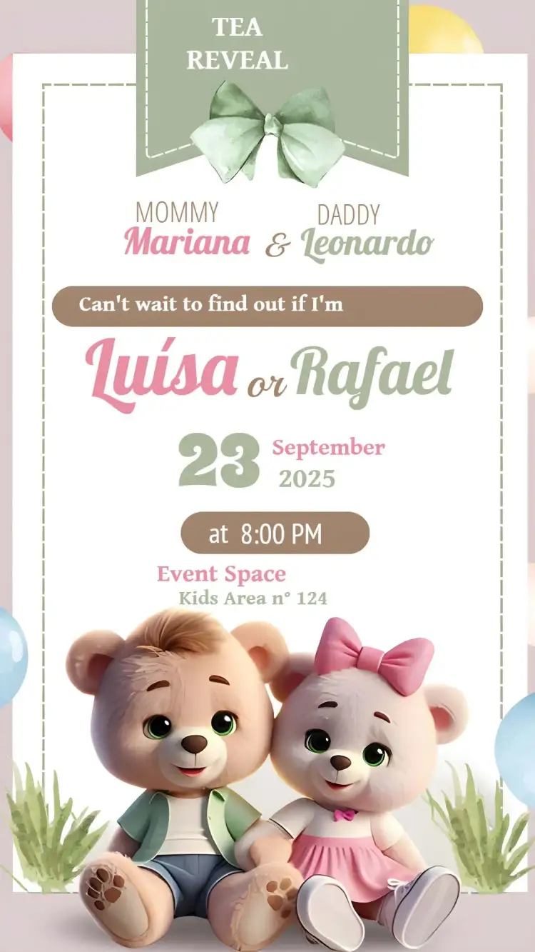 Invitation Bear Baby Gender Reveal Party – Gender Reveal theme pink and green, bears, childish, modern, cute, playful