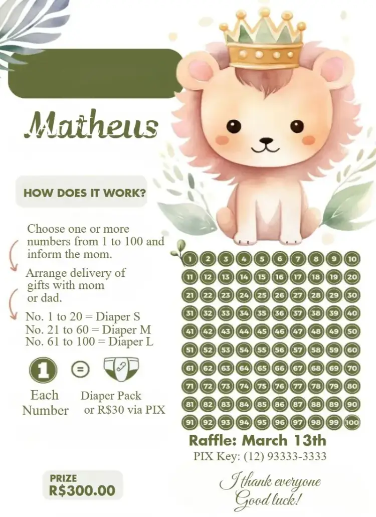 Invitation Green Lion Cub – Raffle Tea theme soft green, animals, delicate, childlike, modern