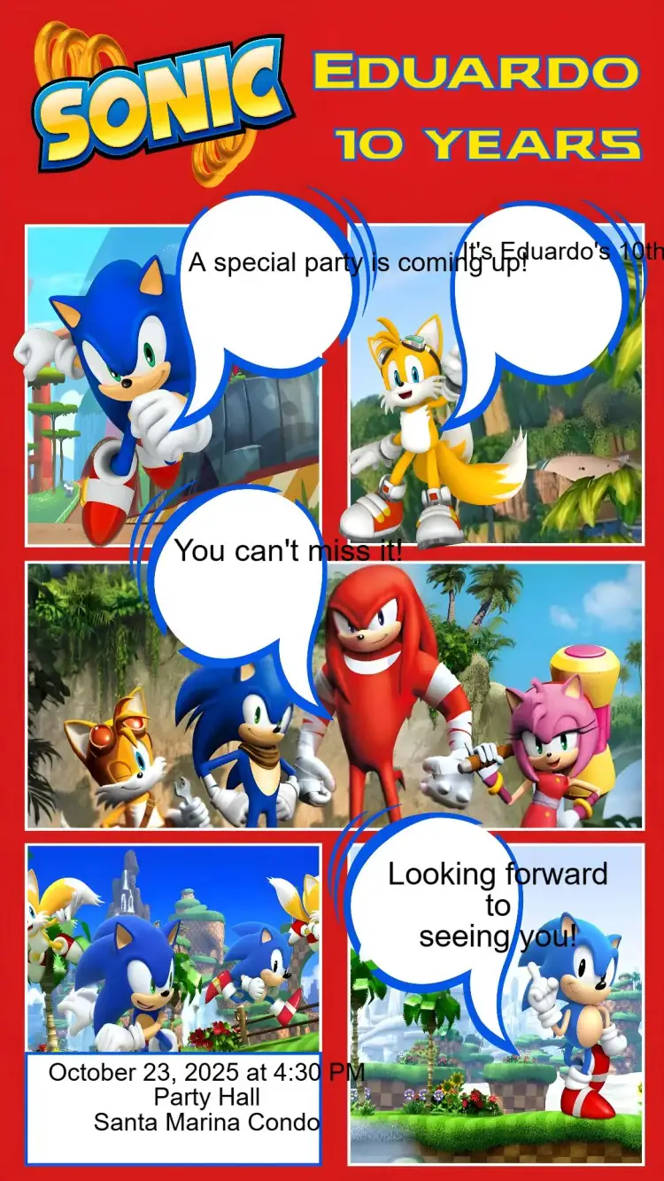 Invitation Sonic – Birthday theme fun, colorful, cheerful, themed, illustration, dynamic