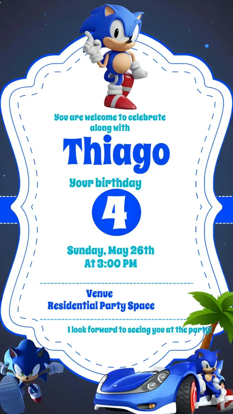 Invitation Sonic – Kids' Birthday Party theme blue, modern, games, fun, futuristic
