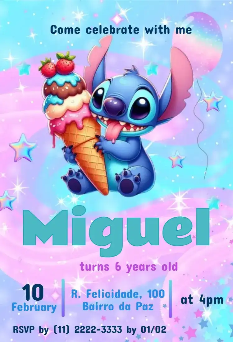 Invitation Stitch Ice Cream – Most searched for theme colorful, childish, holographic, fun, themed