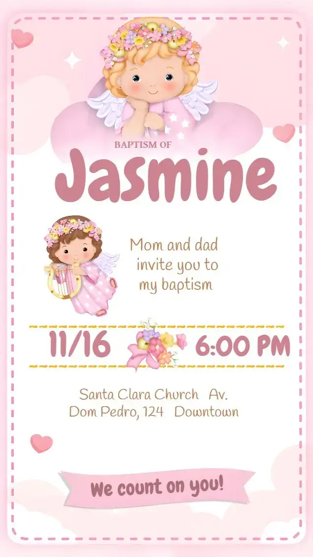 Invitation Beautiful Pink Angel Baptism – Baptism theme pink, little angels, heavenly, delicate, inspiring
