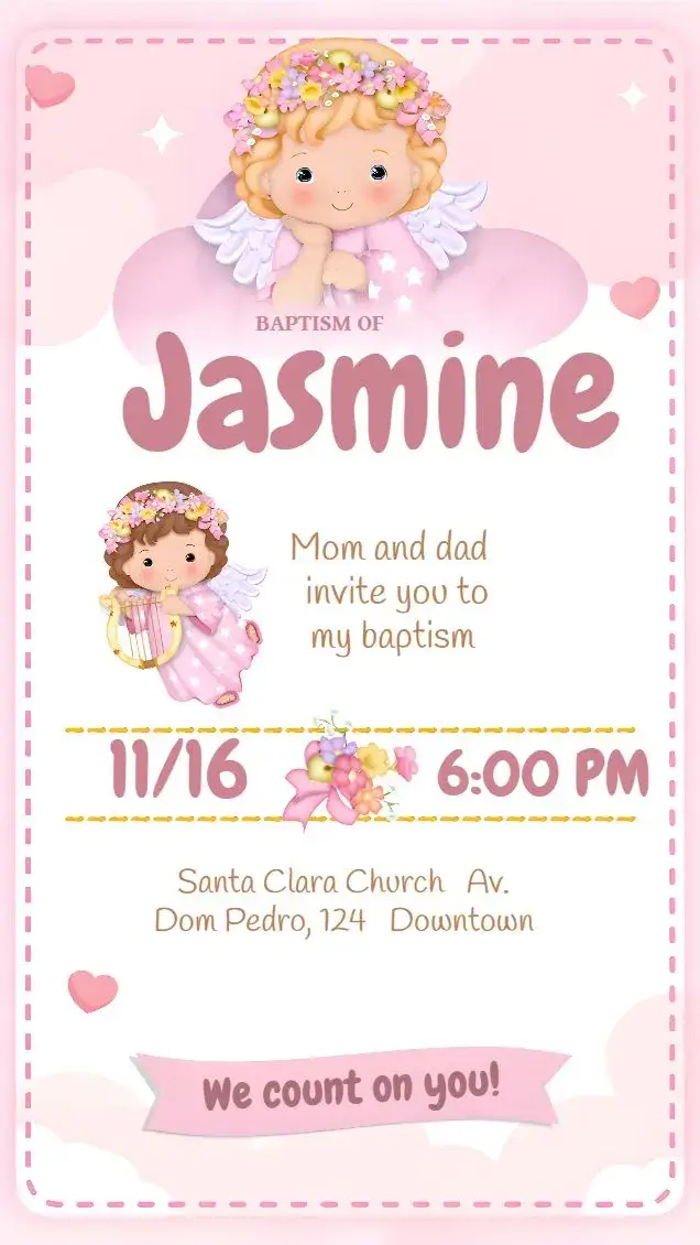 Invite Beautiful Pink Angel Baptism editable and customizable