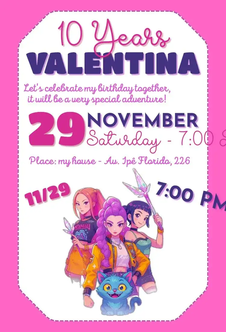 Invitation Kpop Huntr/x Warriors – Kids' Birthday Party theme vibrant colors, modern style, anime elements, fun design, Kpop inspired