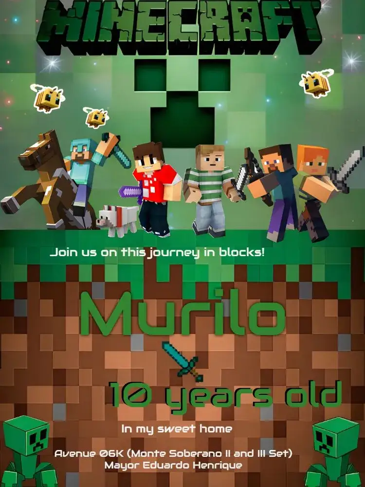 Invitation Minecraft – Birthday theme green, pixelated, adventure, games, fun, colorful