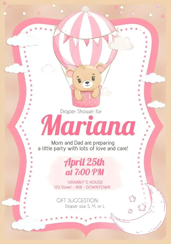 Invitation Baby Shower Teddy Bear Pink Balloon Girl Baby – Diaper Shower theme pink, delicate, childlike, playful, feminine, cute