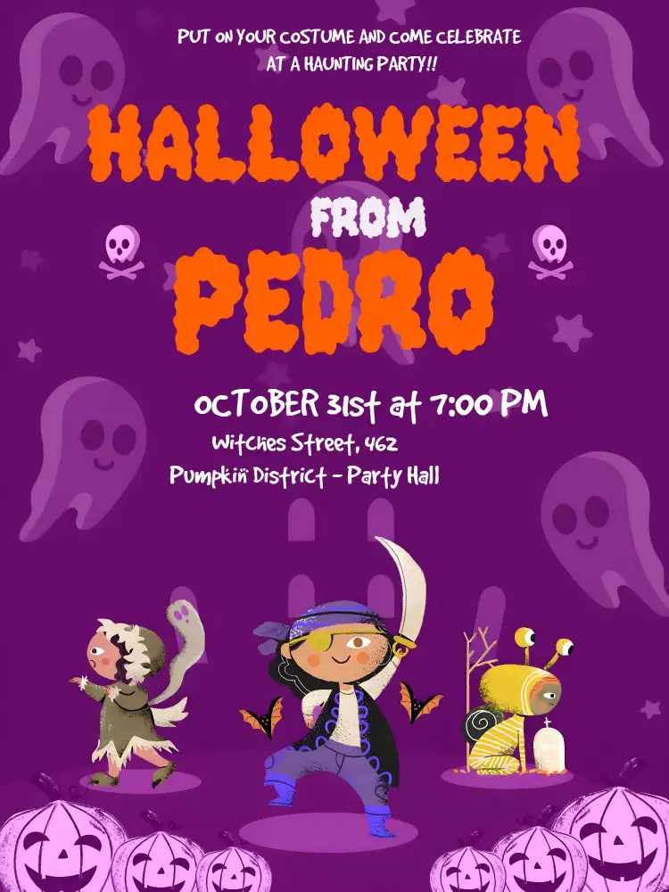 Invitation Halloween Witches Party – Commemorative Dates theme Halloween theme, dark colors, witch graphics elements, fun style, ghost illustrations, pumpkins and bats