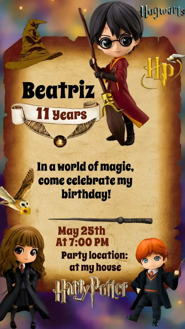 Invitation Harry Potter Hogwarts – Kids' Birthday Party theme magical, fantasy, sorcery, vibrant, illustrative, childlike