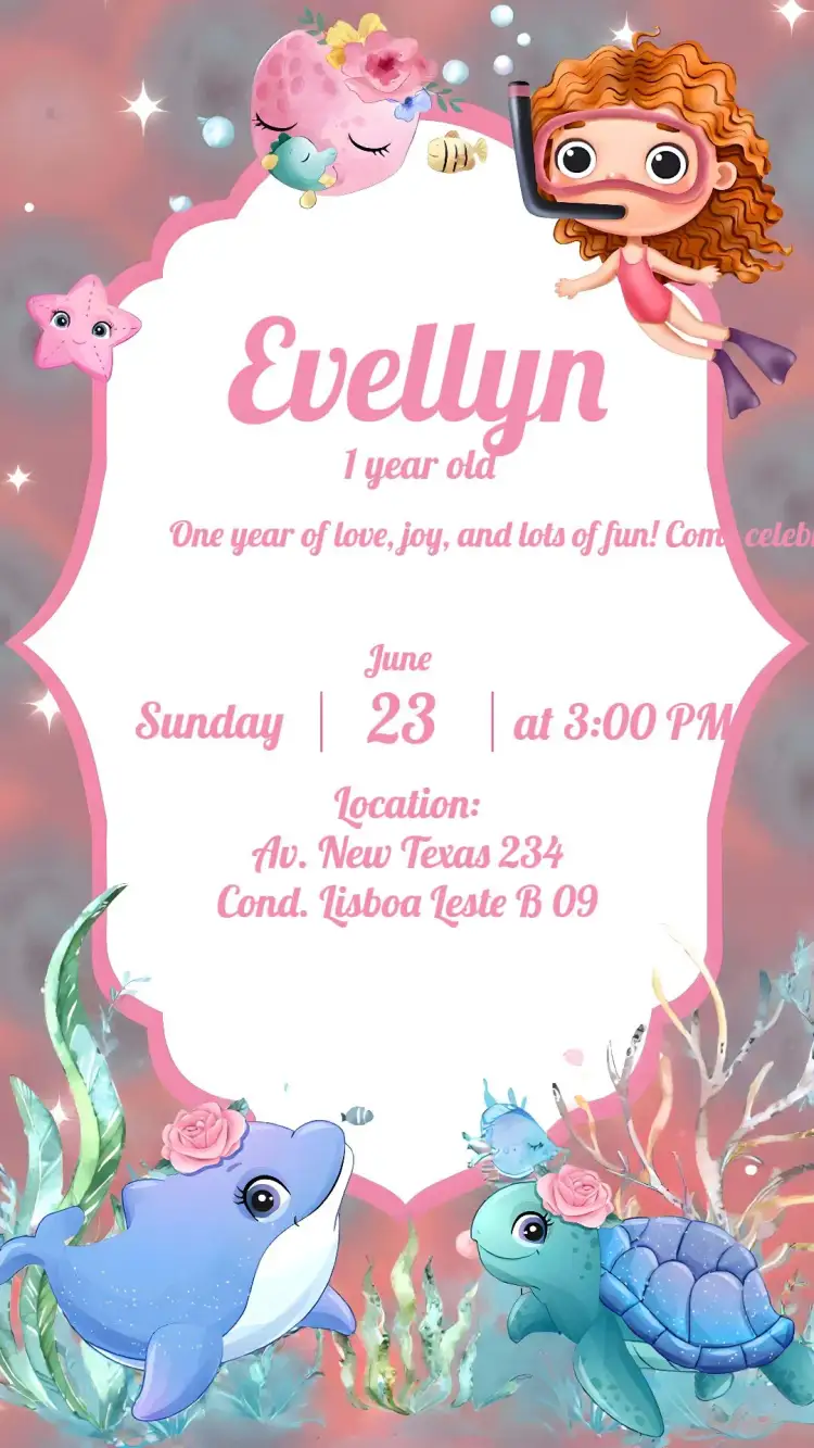 Invitation Under the Sea Girl Animals Theme – Kids' Birthday Party theme watercolor, navy blue, pink, fun, childish, colorful