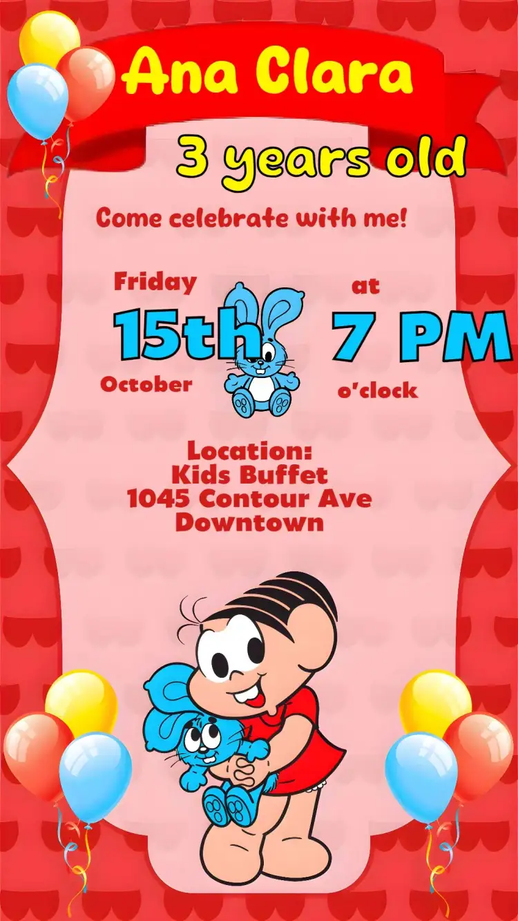 Invitation Monica – Kids' Birthday Party theme colorful, playful, fun, childlike, characters, joyful