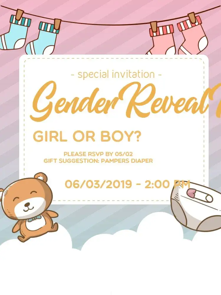 Invitation Baby Gender Reveal Party – Gender Reveal theme pastel colors, playful style, cute illustrations, modern design, childish elements