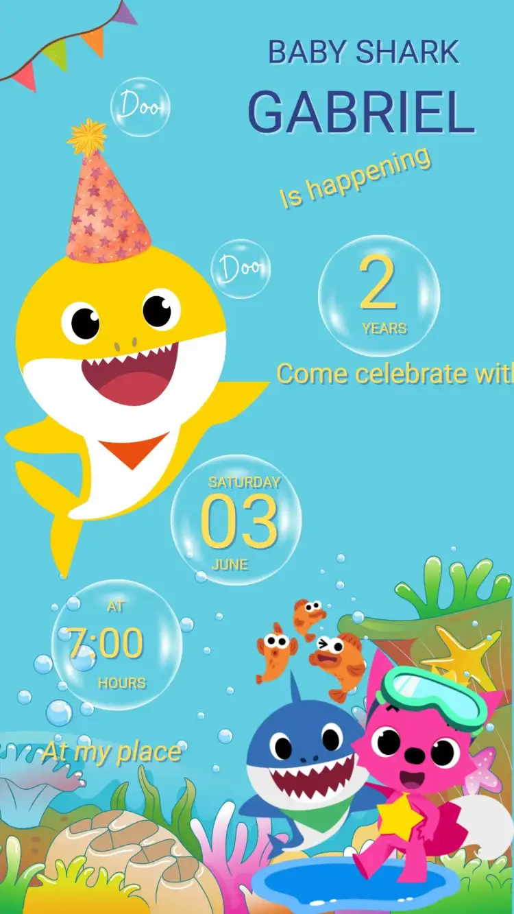Invitation Baby Shark Invitation – Kids' Birthday Party theme navy blue, colorful, fun, childish, aquatic animals