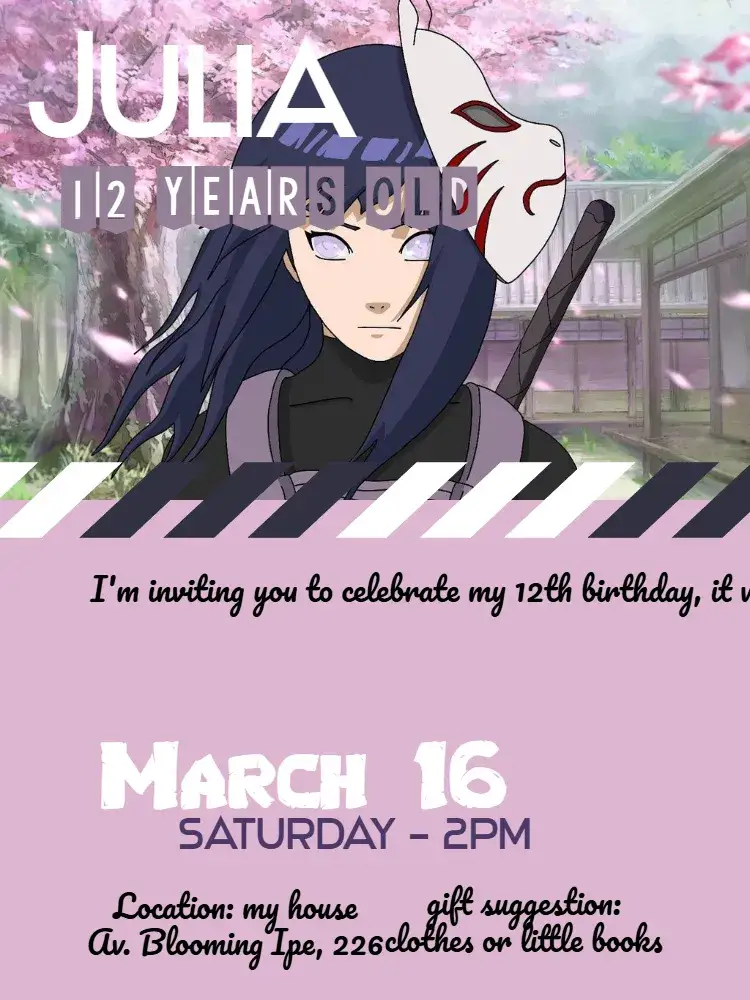 Invitation Hinata Black – Kids' Birthday Party theme purple, lilac, black, anime, modern, fun
